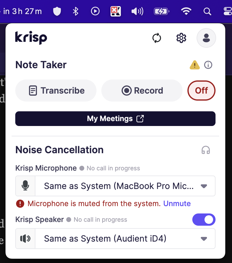 The Krisp.ai menu bar icon
    indicating that the mic is disabled