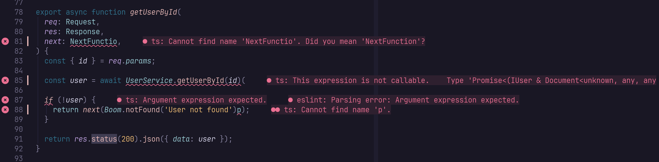 Virtual text in
    Neovim displaying syntax errors in a Typescript file